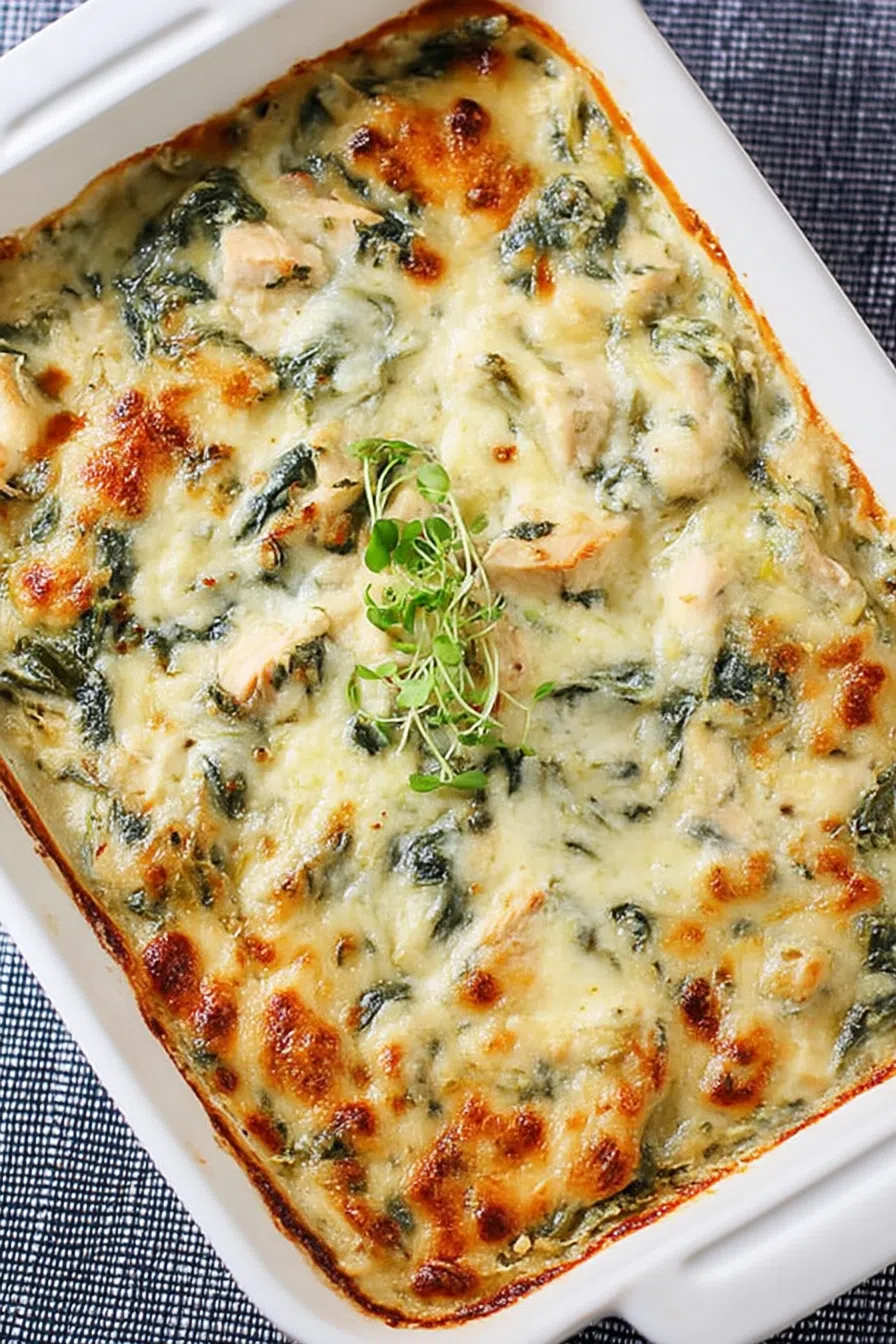 A golden, bubbly baked dish fresh from the oven in a white ceramic pan.