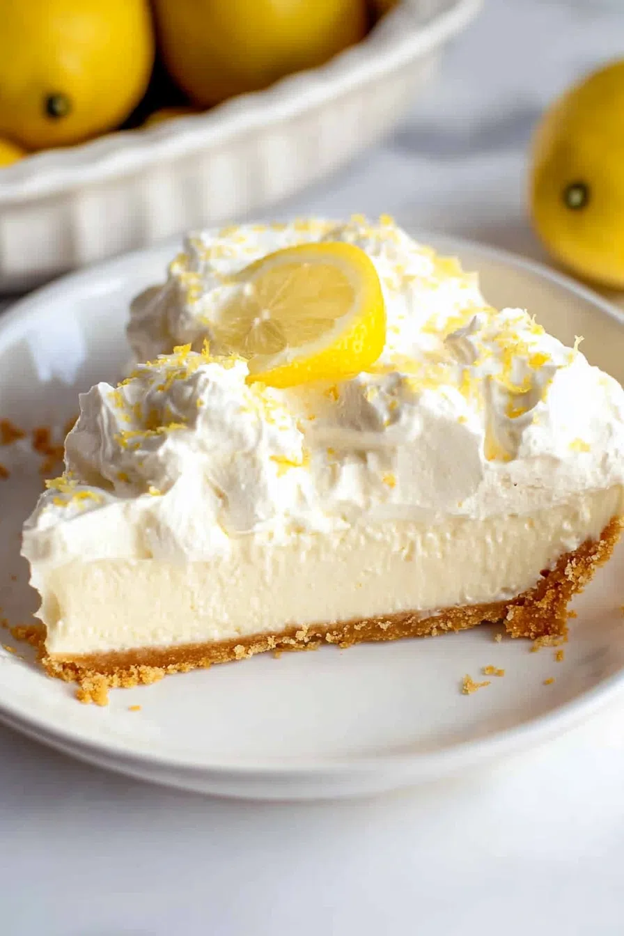 Slice of chilled pie on a dessert plate with a dollop of whipped cream.