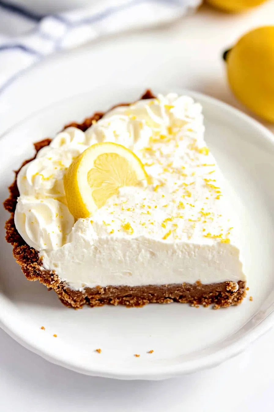 Close-up of a cut slice revealing a creamy yellow filling and graham base.
