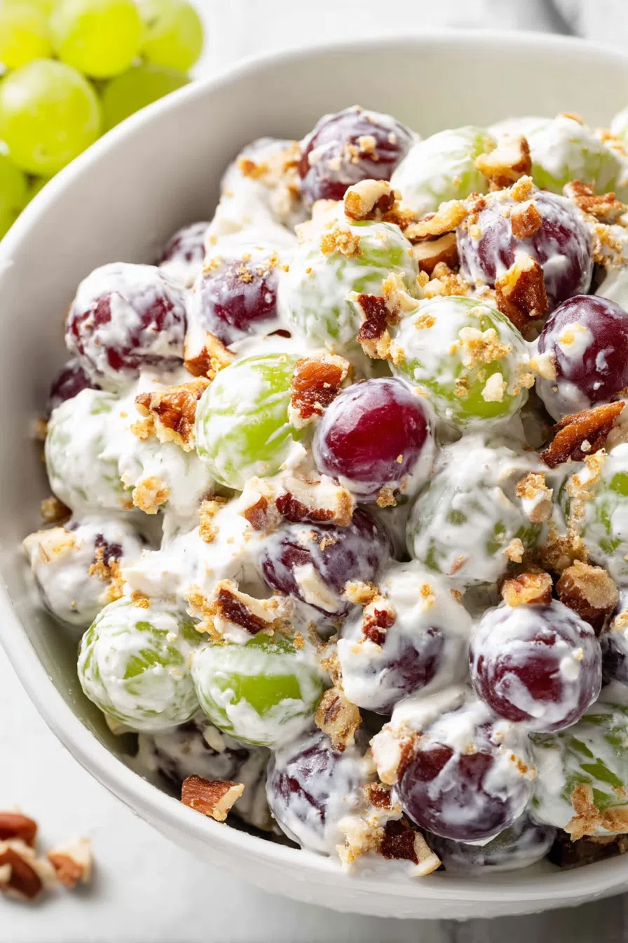 Overhead view of a bowl filled with red and green grapes coated in a creamy mixture.