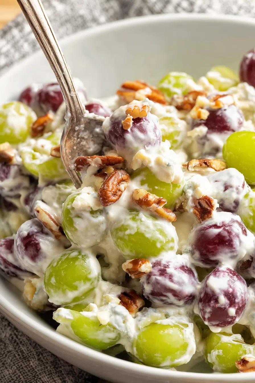 A serving spoon resting in a bowl of glossy, coated fruit.