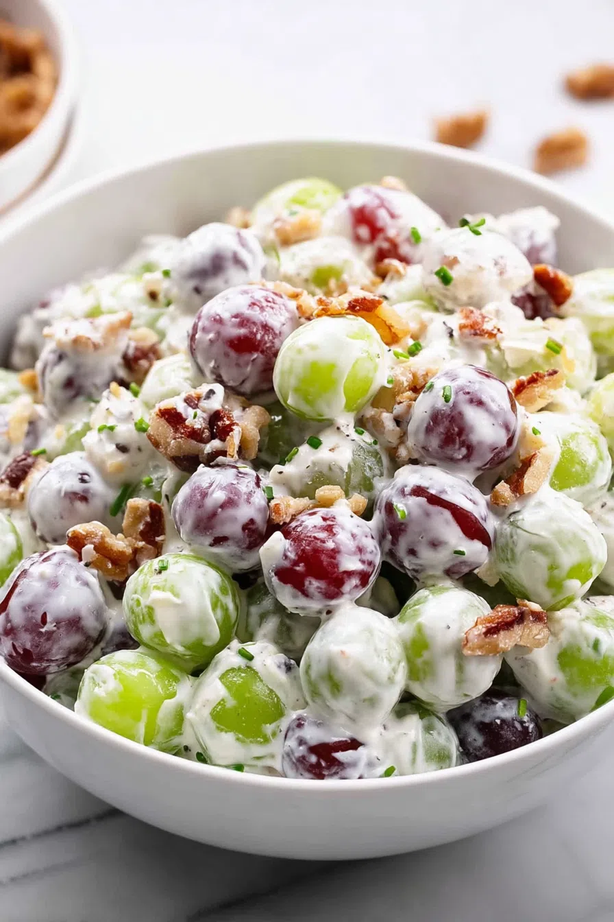 Side angle of a large bowl showing layers of fruit and creamy dressing.