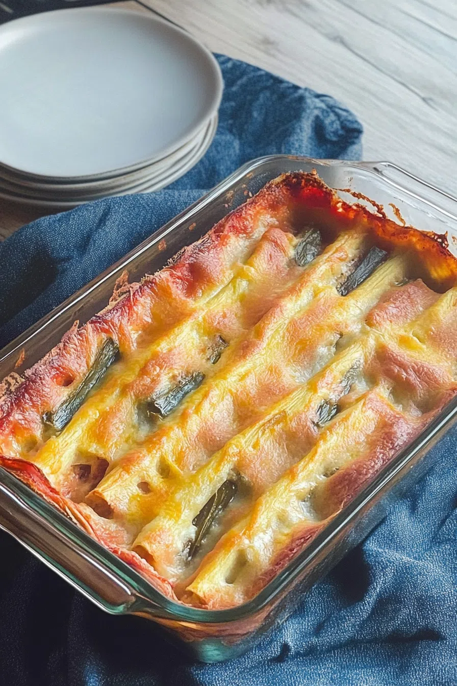 Baked casserole with a golden, crispy cheese topping fresh from the oven.