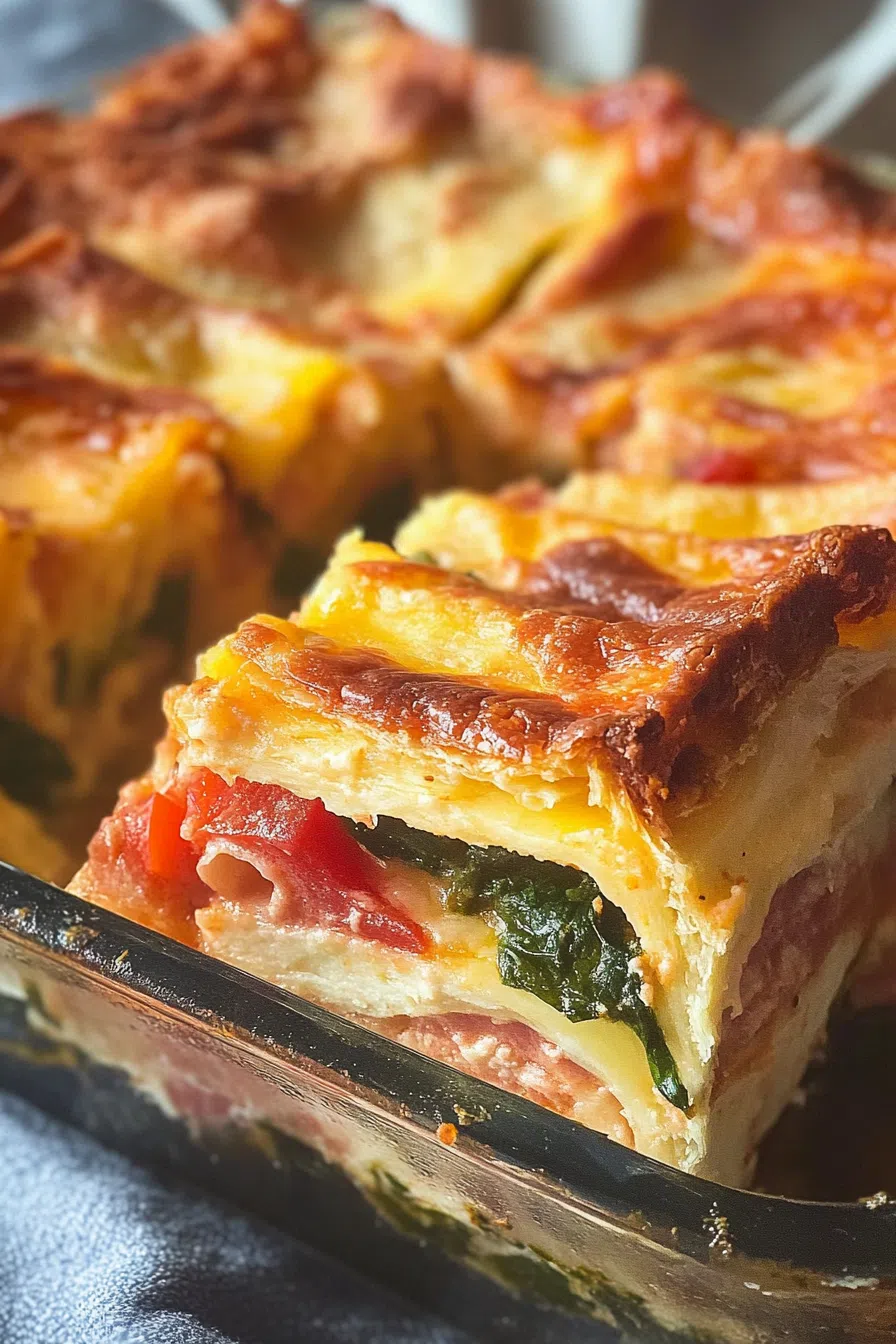 Top view of a bubbling, cheesy bake with browned edges.