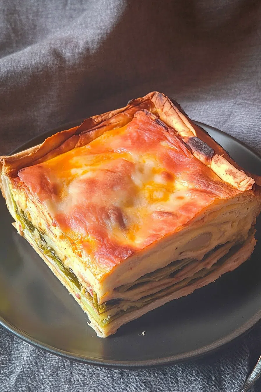 Sliced serving revealing stacked ingredients in a rustic dinner setting.