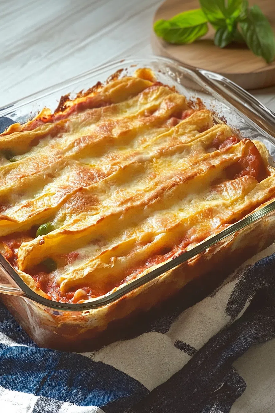 Golden baked dish with layers visible beneath a crispy, melted cheese topping.