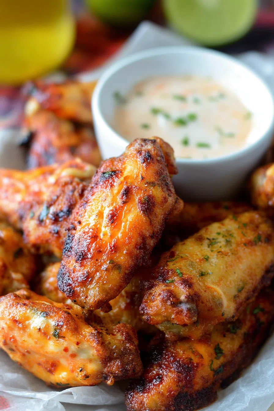Golden-brown wings arranged on a parchment-lined tray with a side of dipping sauce.