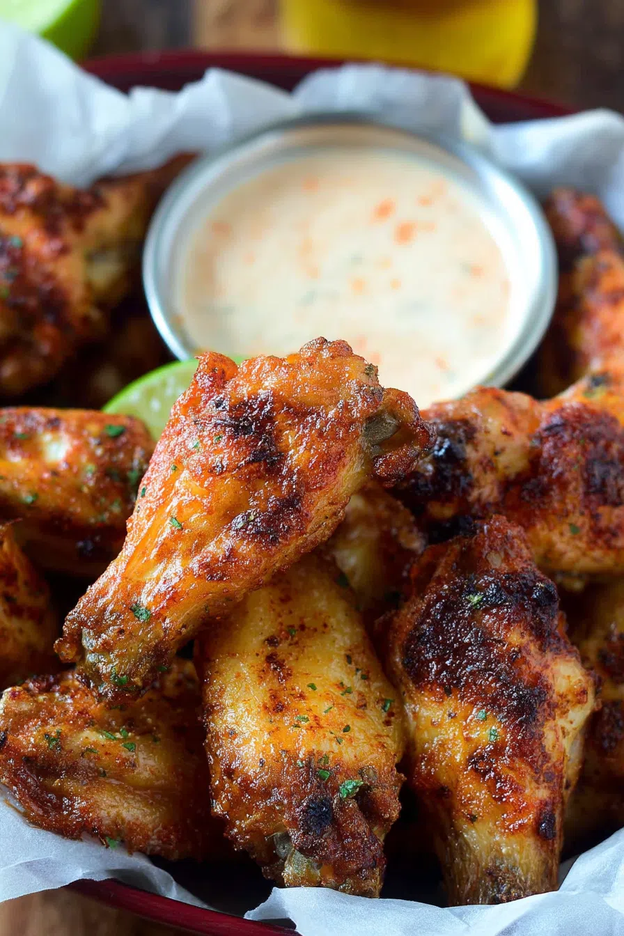 Overhead view of baked appetizer pieces served with herbs and a creamy dressing.