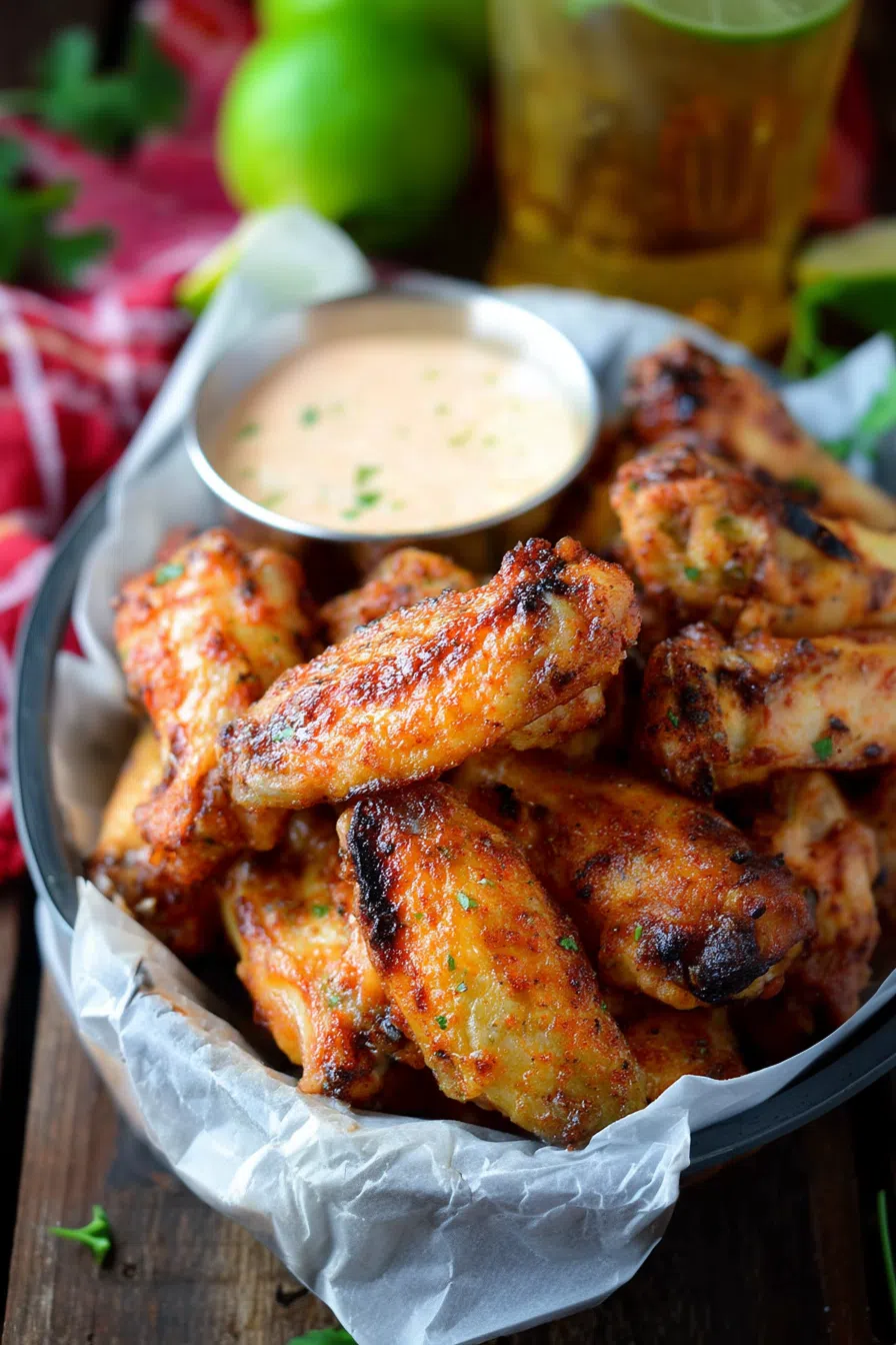 Juicy, seasoned wings stacked in a rustic basket, ready to serve.
