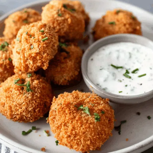Close-up of golden, breaded bites served in a small bowl with dipping sauce on the side.