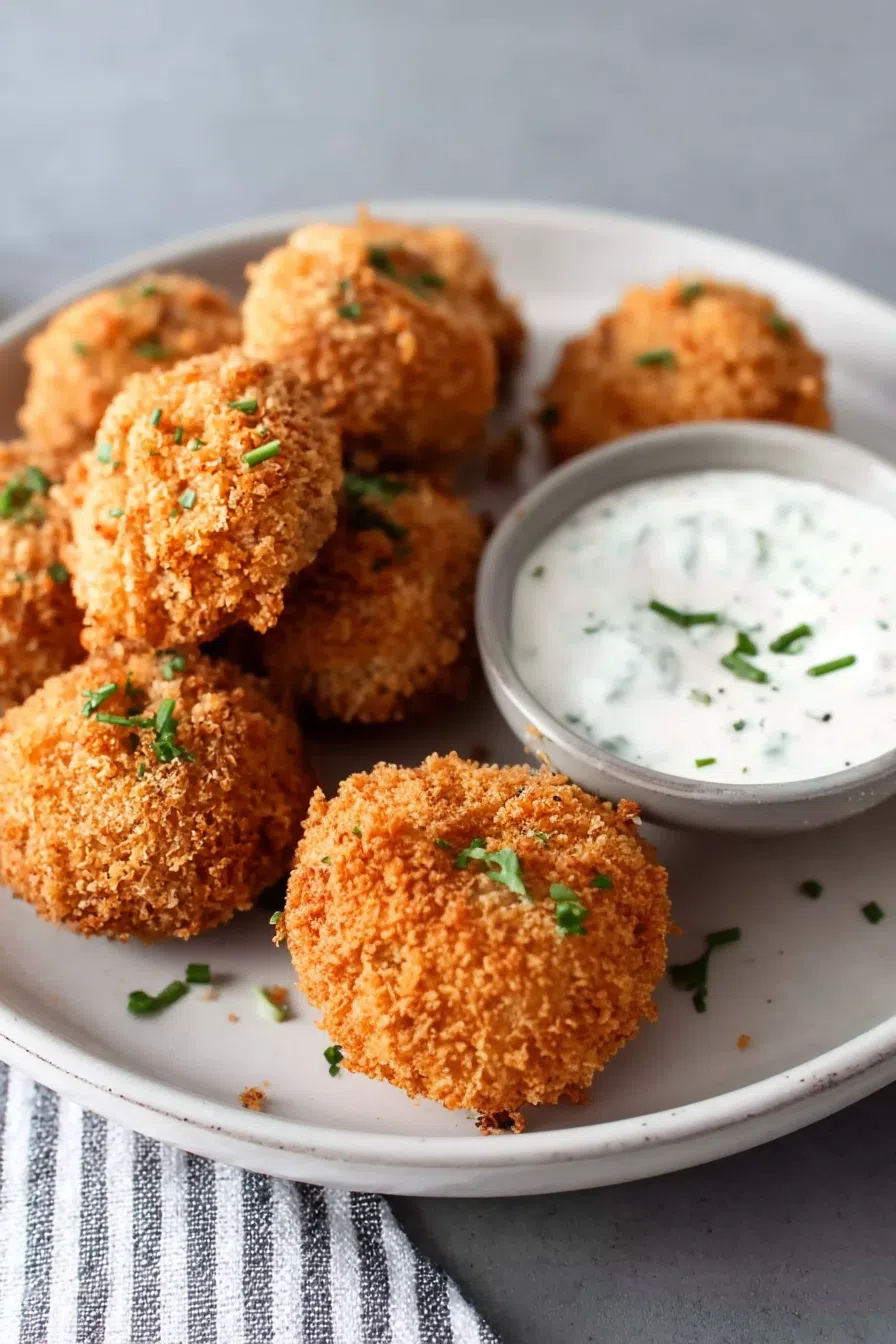 Close-up of golden, breaded bites served in a small bowl with dipping sauce on the side.