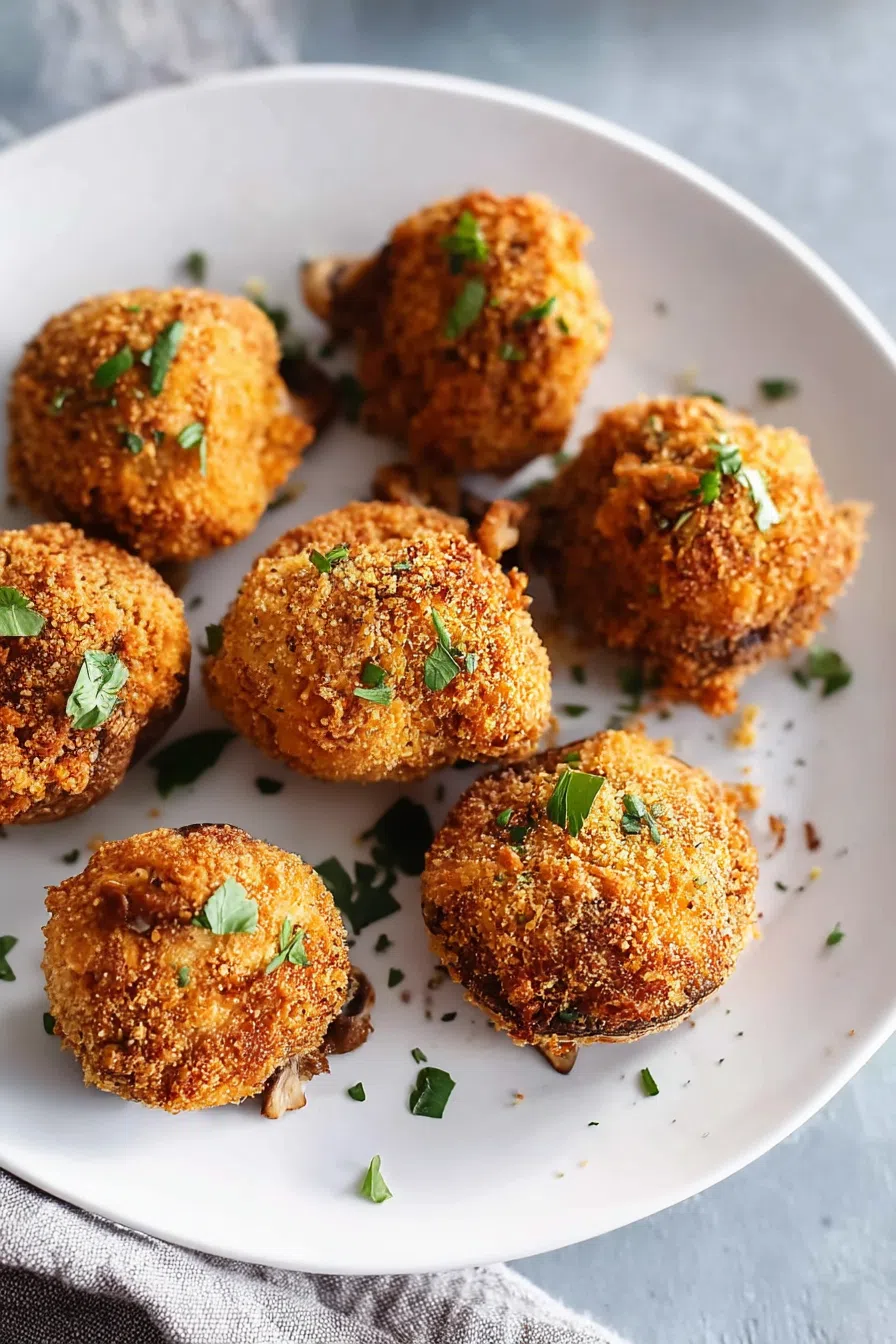 Overhead view of a crunchy snack arranged on a white plate and garnished with herbs.