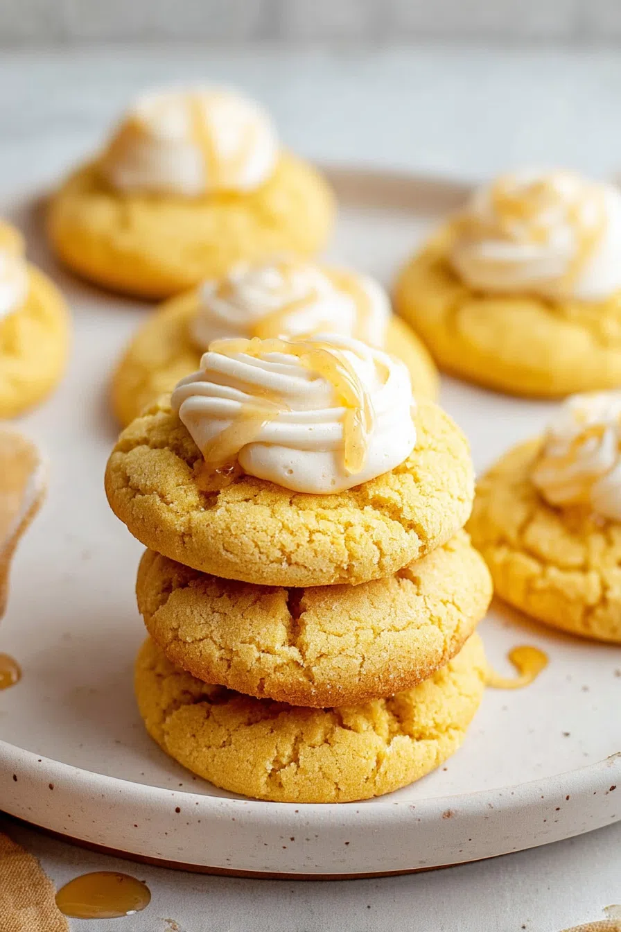 Stack of thick, golden cookies with a drizzle of honey over the top.