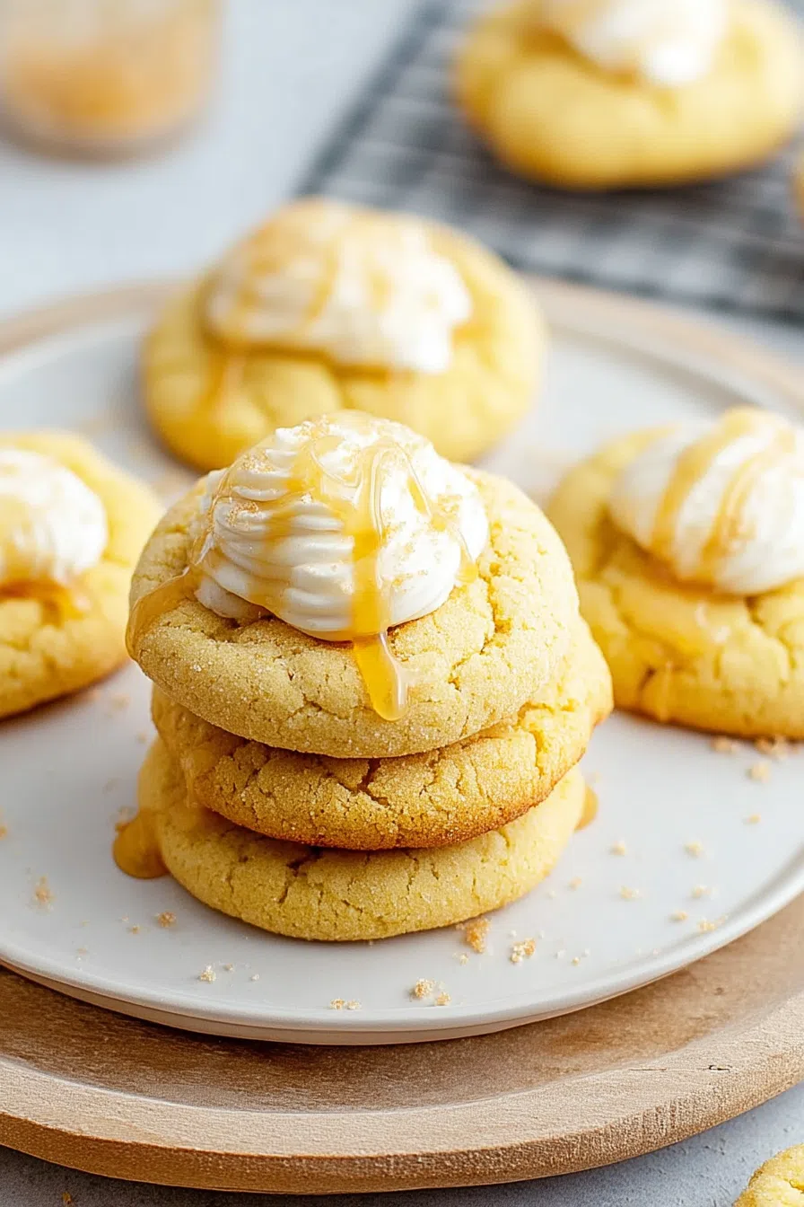 Overhead shot of cookies arranged on a white plate with a drizzle of honey.