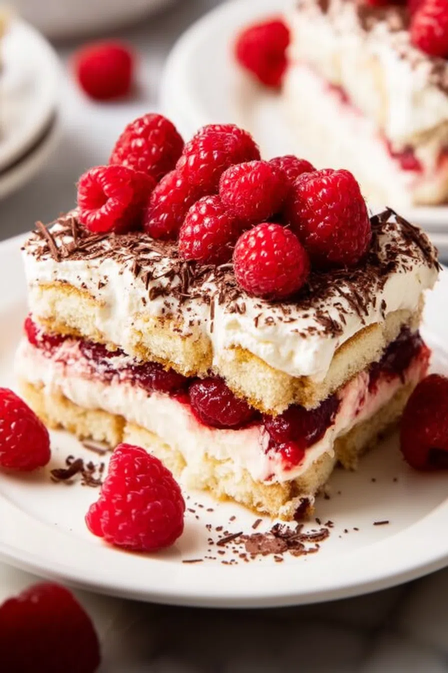 Close-up of layered mascarpone and sponge with raspberry accents.