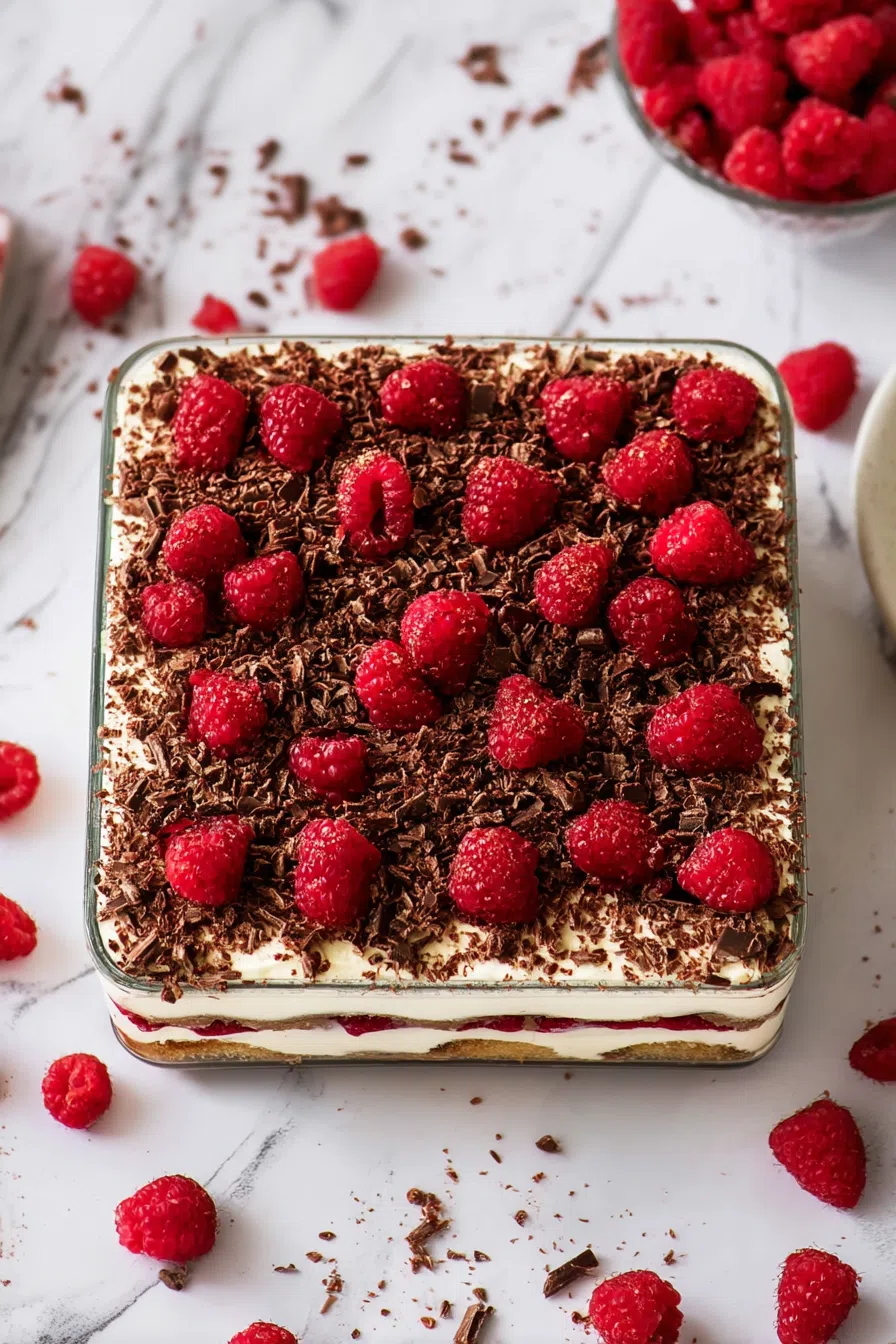 Overhead shot of a creamy treat served on a white plate with raspberry garnish.