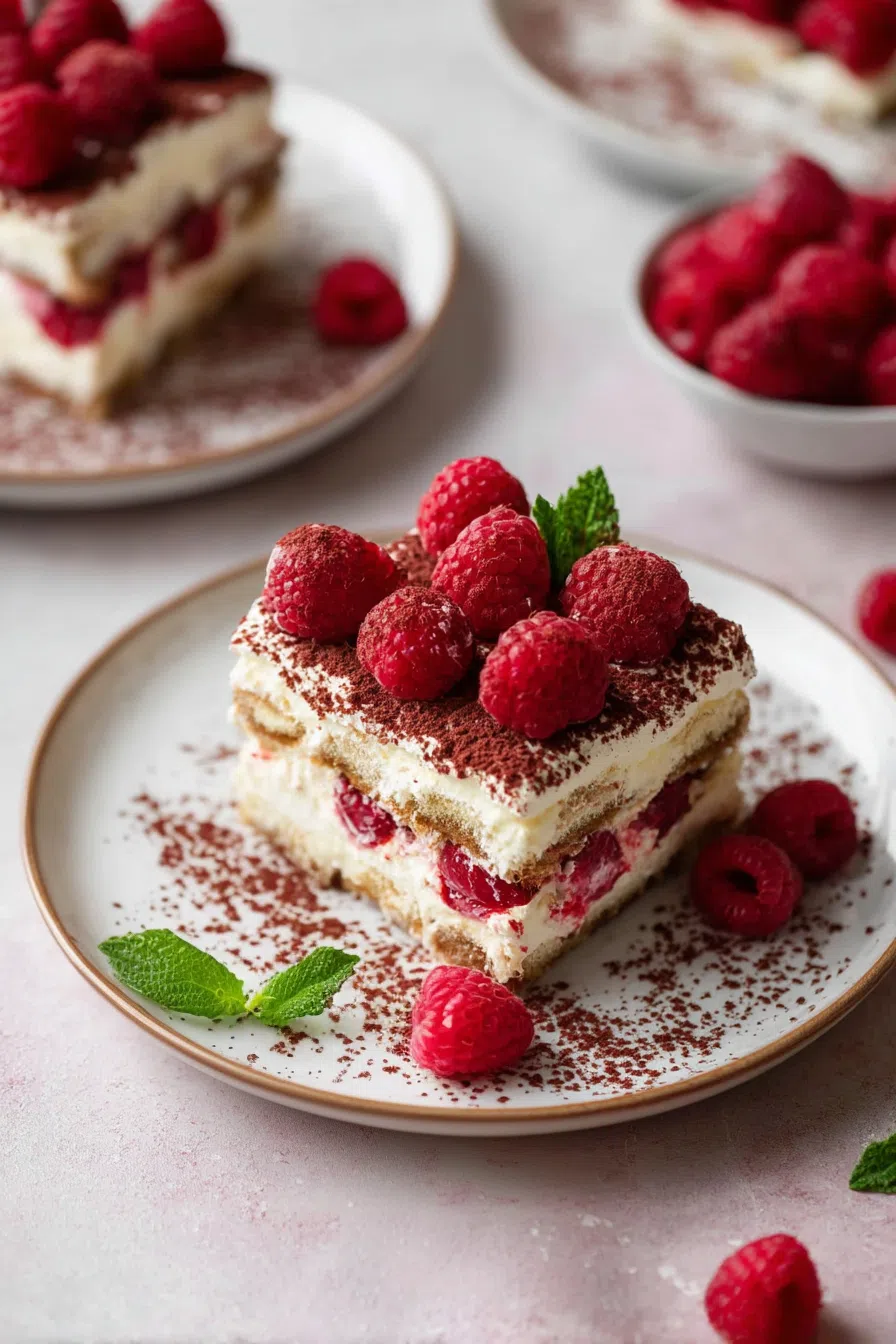 Individual servings topped with dusted cocoa and vibrant red fruit.