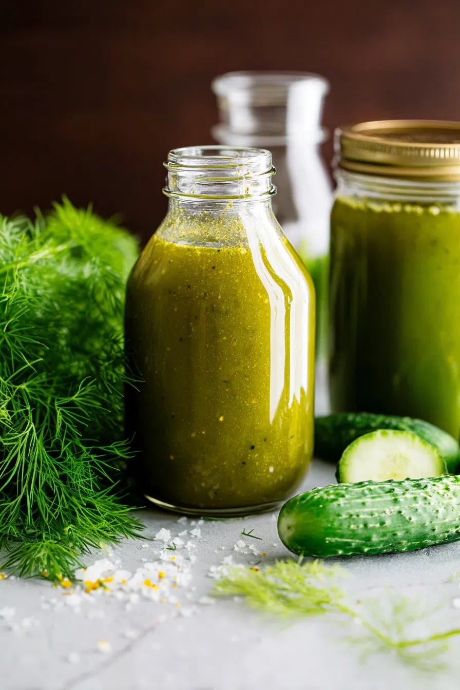 Condiment bottle styled with fresh herbs and garlic cloves nearby.