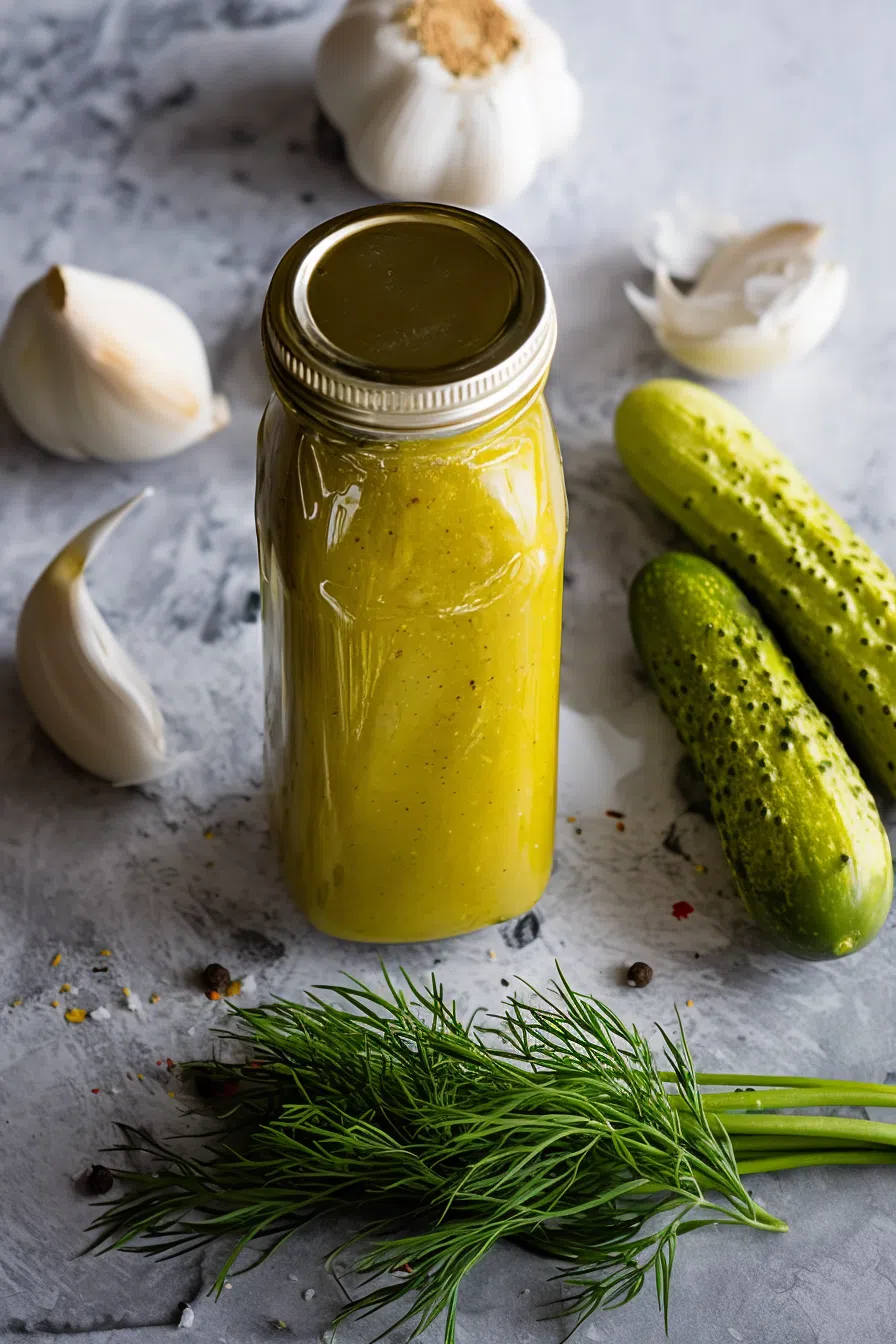 Overhead shot of a sealed jar beside cucumbers.