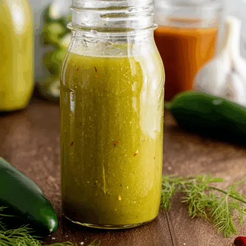 Small glass bottle filled with a pale green sauce on a neutral background.