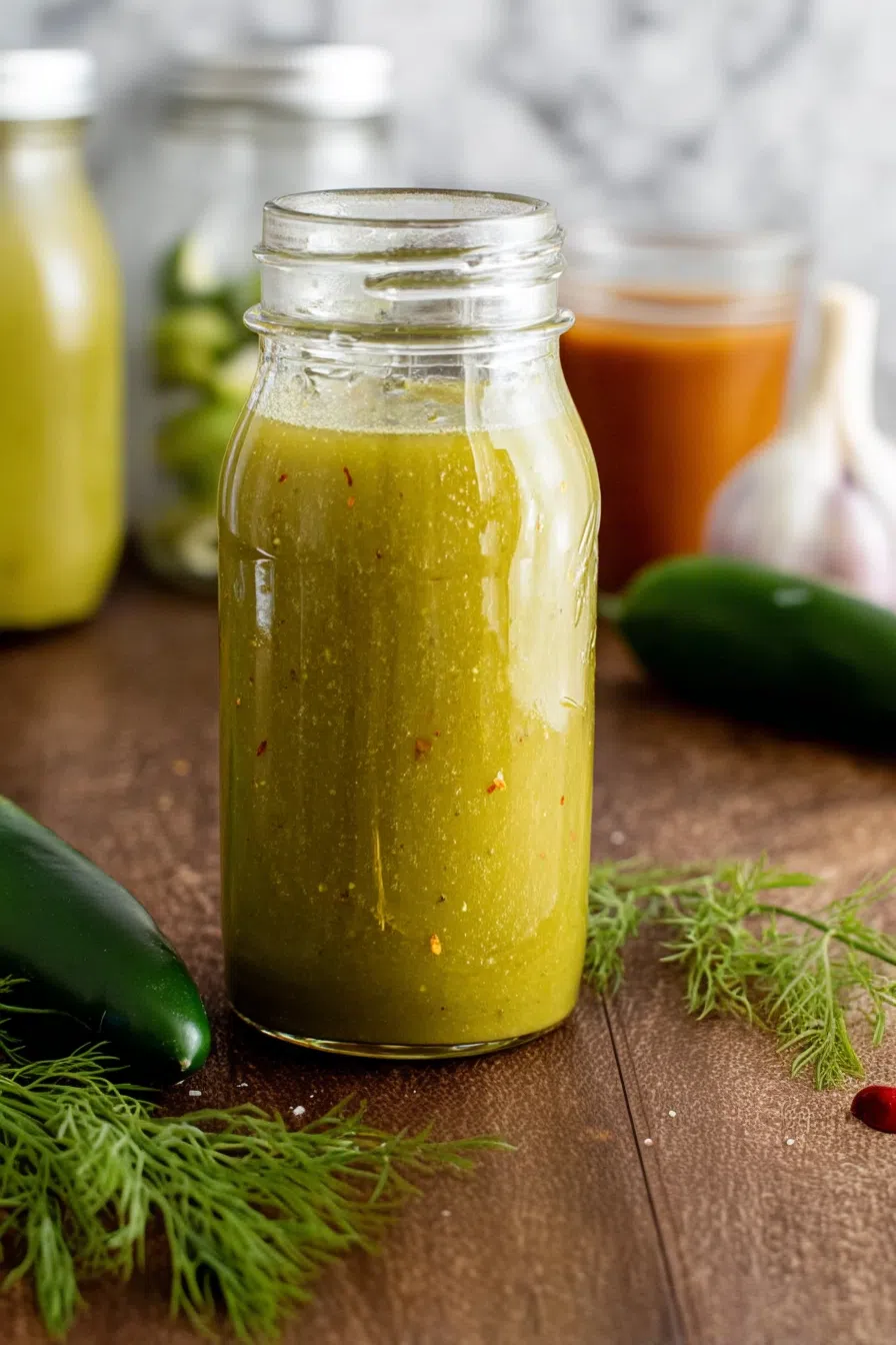 Small glass bottle filled with a pale green sauce on a neutral background.