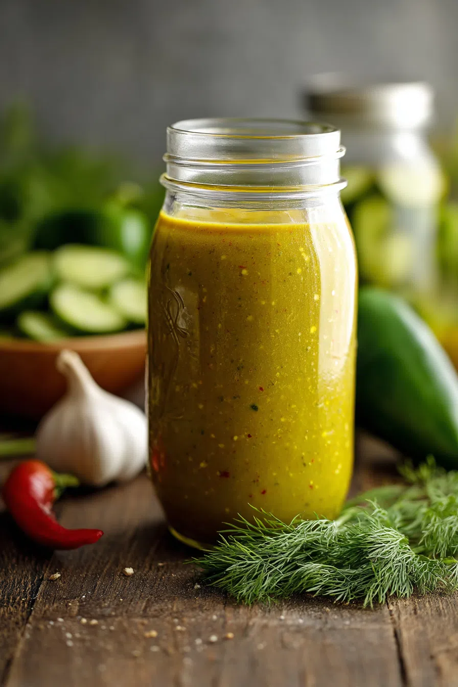 Glass bottle of pale green sauce on a wooden board with fresh herbs nearby.