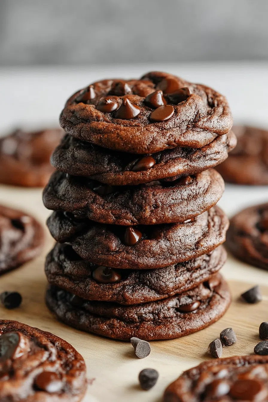 A stack of dark cookies with melted chips on a neutral background.