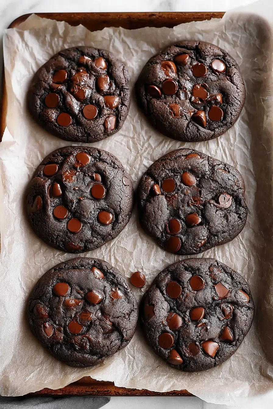 Overhead view of freshly baked cookies on a parchment-lined tray.