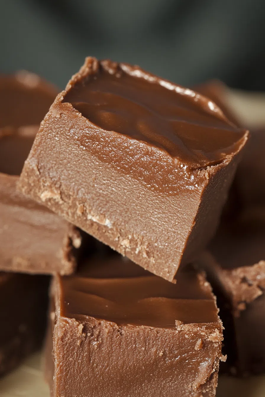 Close-up of rich, chocolatey dessert squares arranged on a rustic wooden board