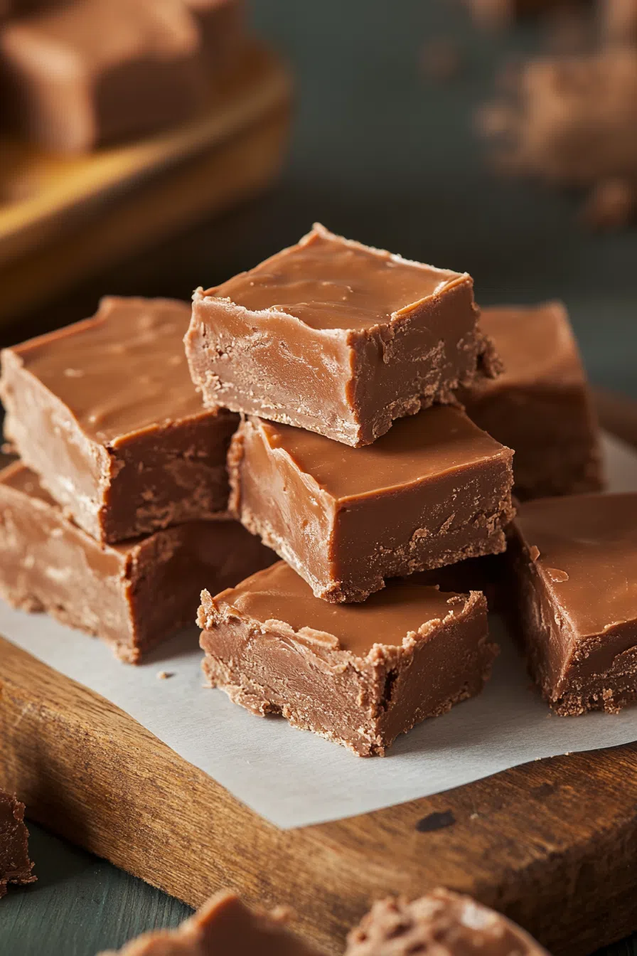 Overhead view of neatly sliced fudge pieces with a glossy finish