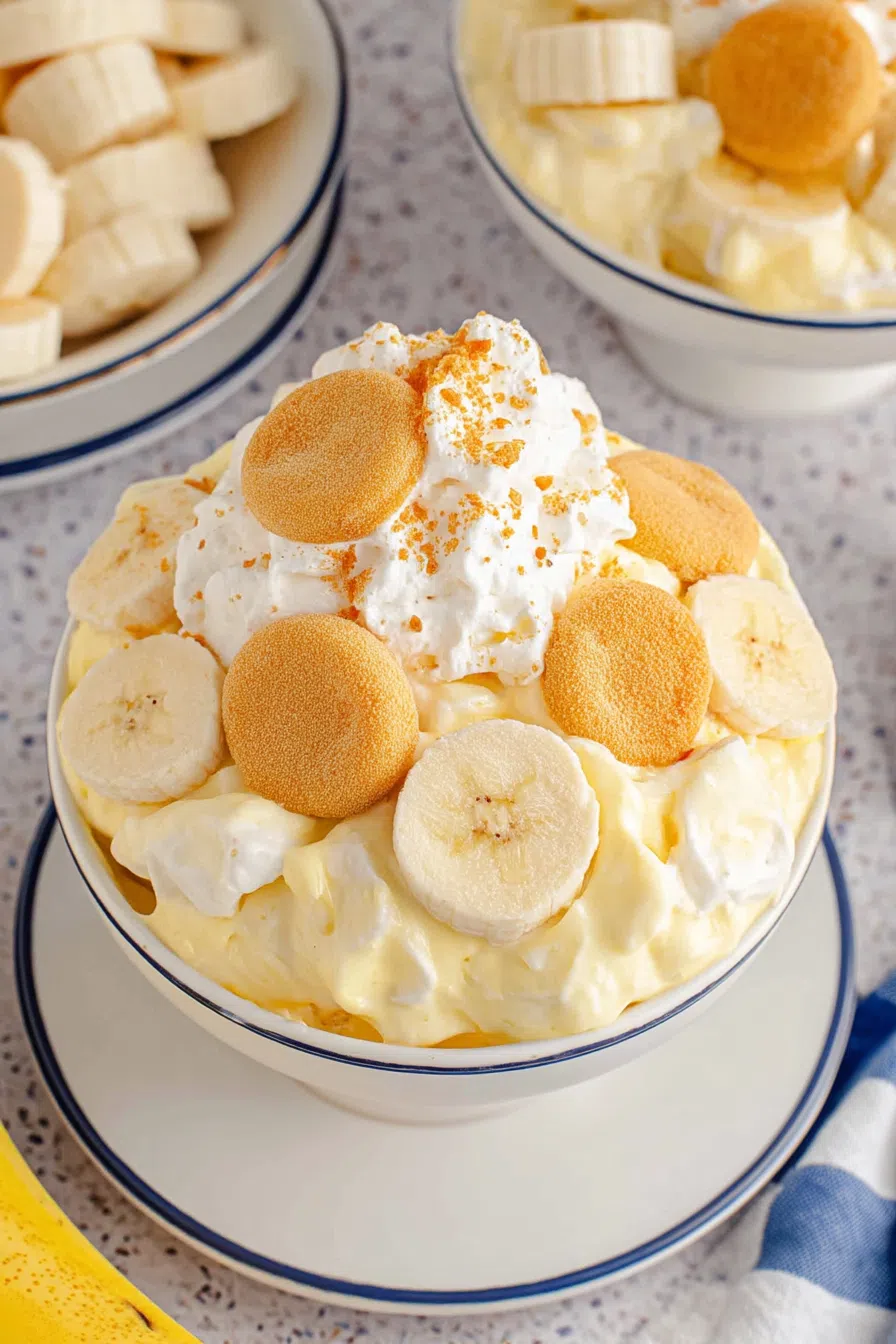 Light, fluffy mixture topped with a vanilla wafer and banana slice.