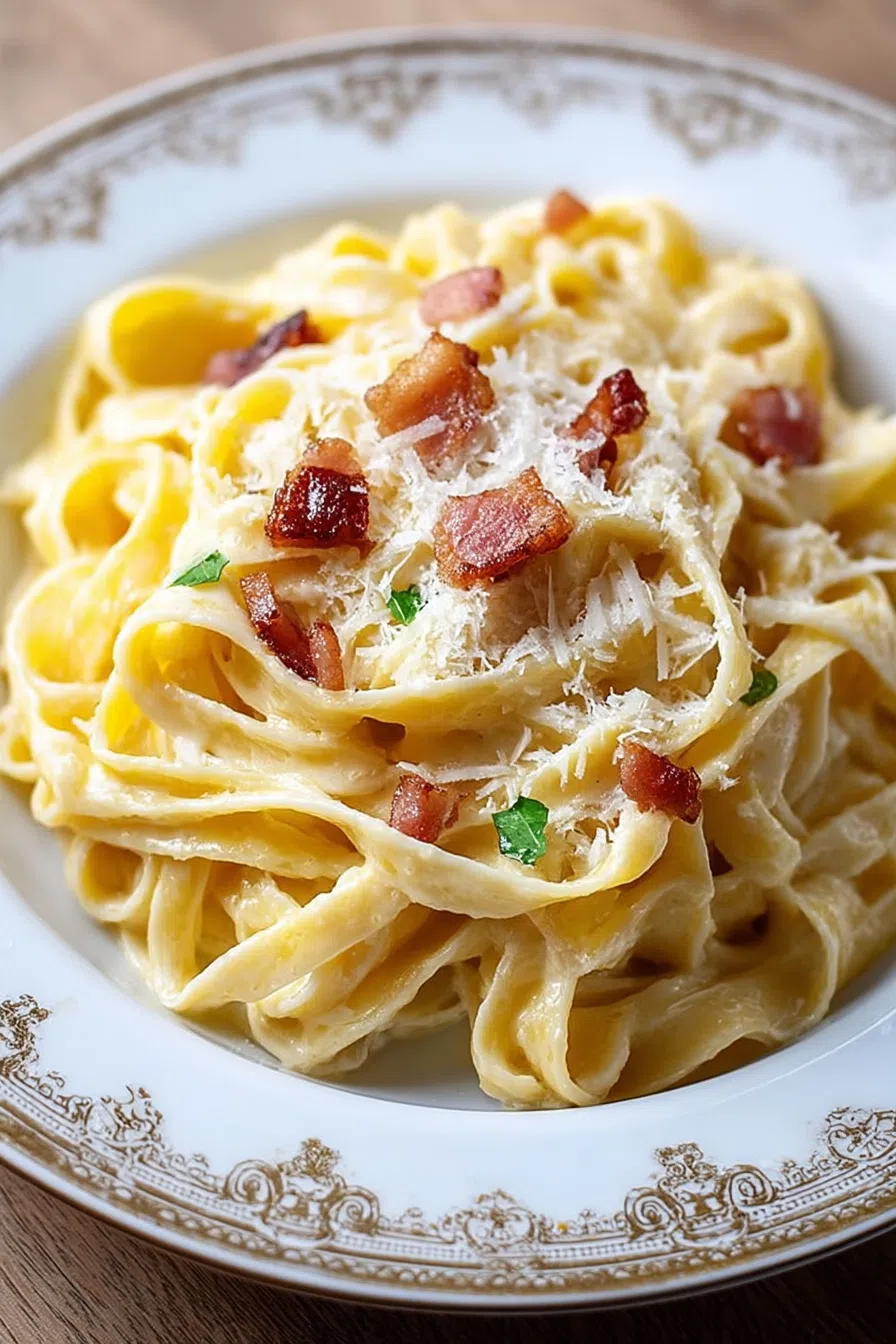 Overhead view of a plated pasta dish garnished with parsley.