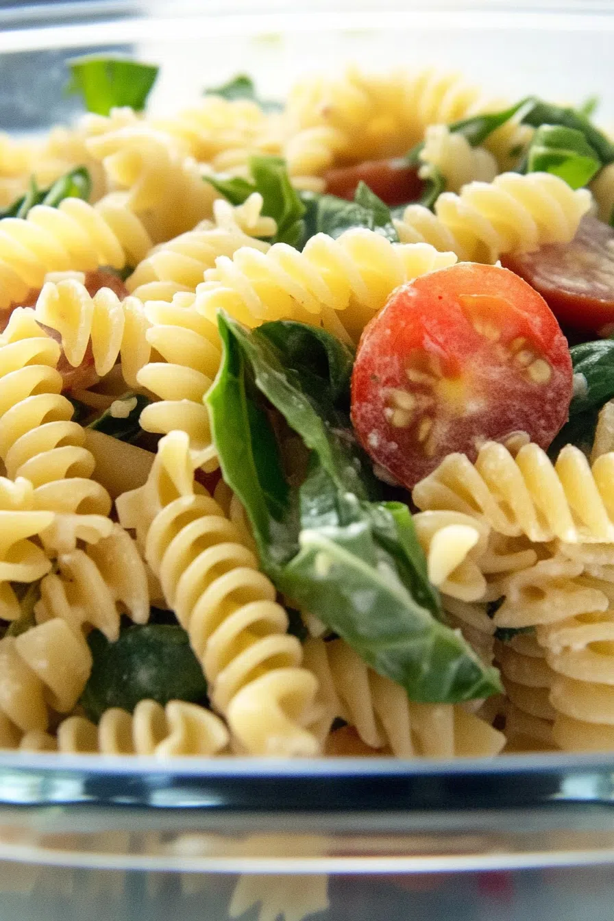 Close-up of a pasta dish featuring assorted vegetables and melted cheese.