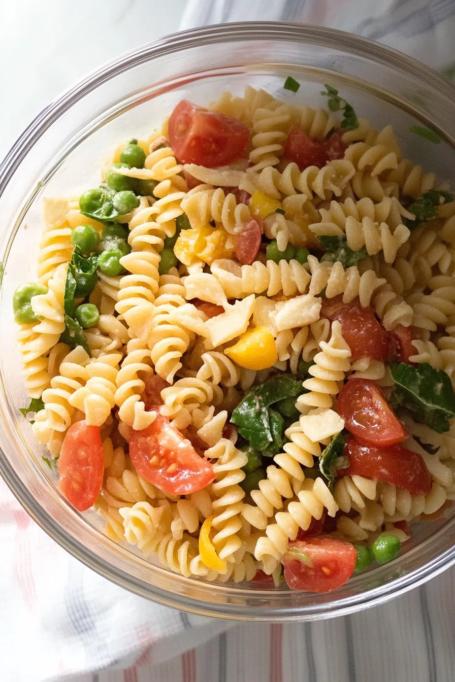 A bowl of colorful mixed pasta topped with herbs.