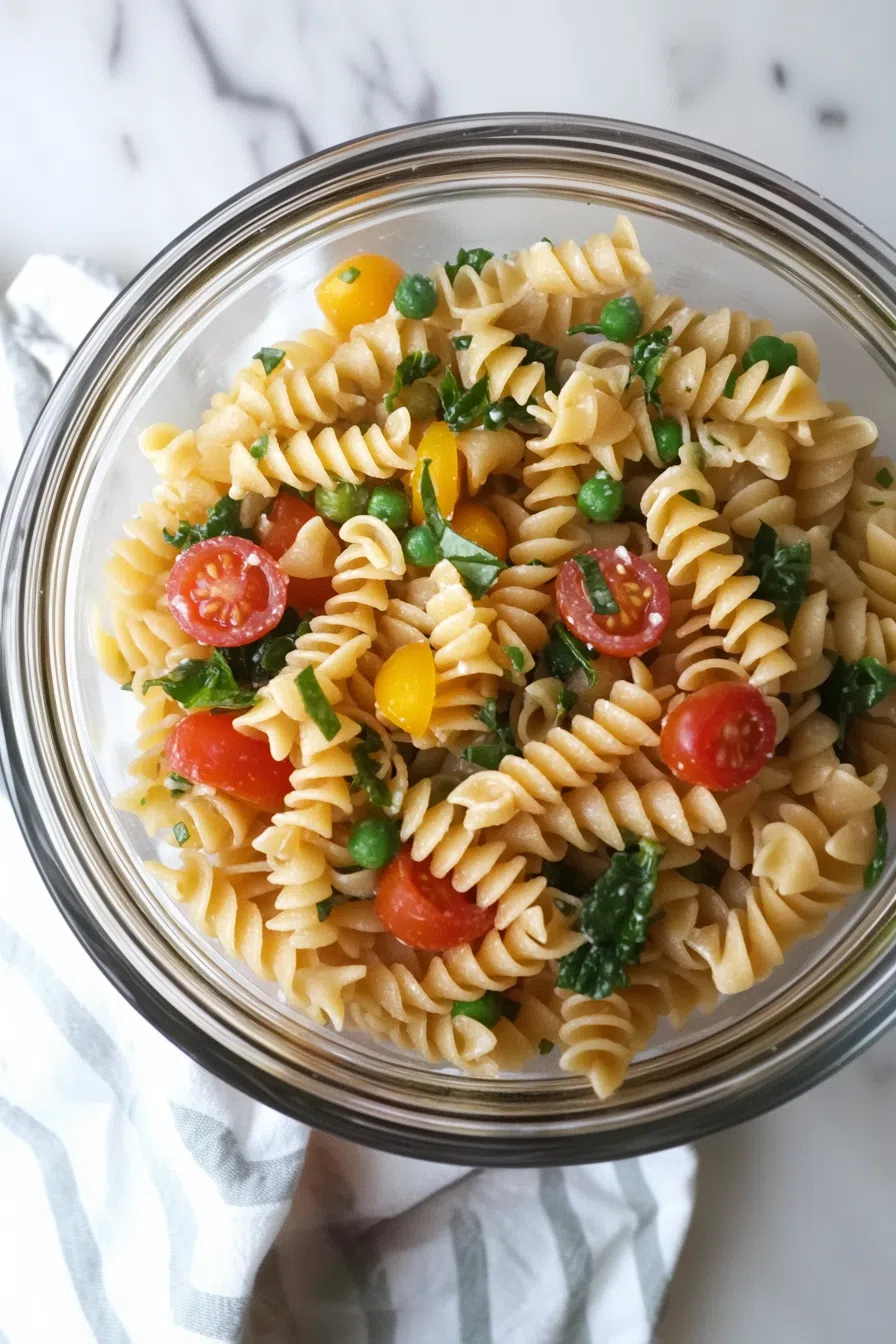 Rustic-style pasta tossed with leftover ingredients and garnished with greens.