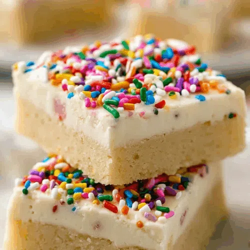 A close-up showing the fluffy texture and colorful topping of the bars.