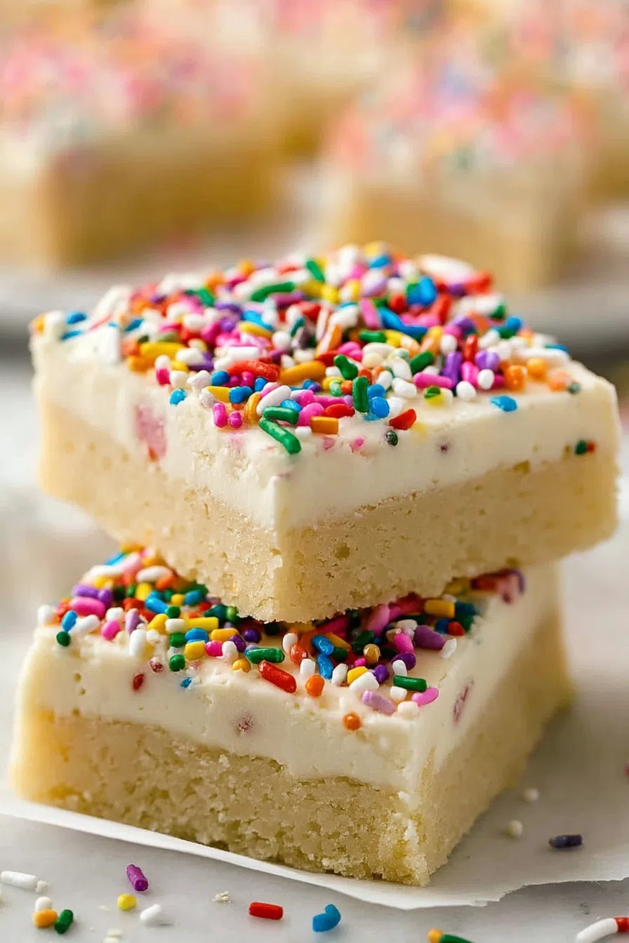 A close-up showing the fluffy texture and colorful topping of the bars.