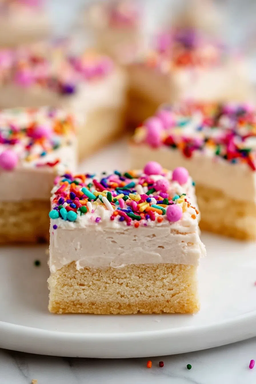 Soft dessert squares topped with pink frosting and rainbow sprinkles.