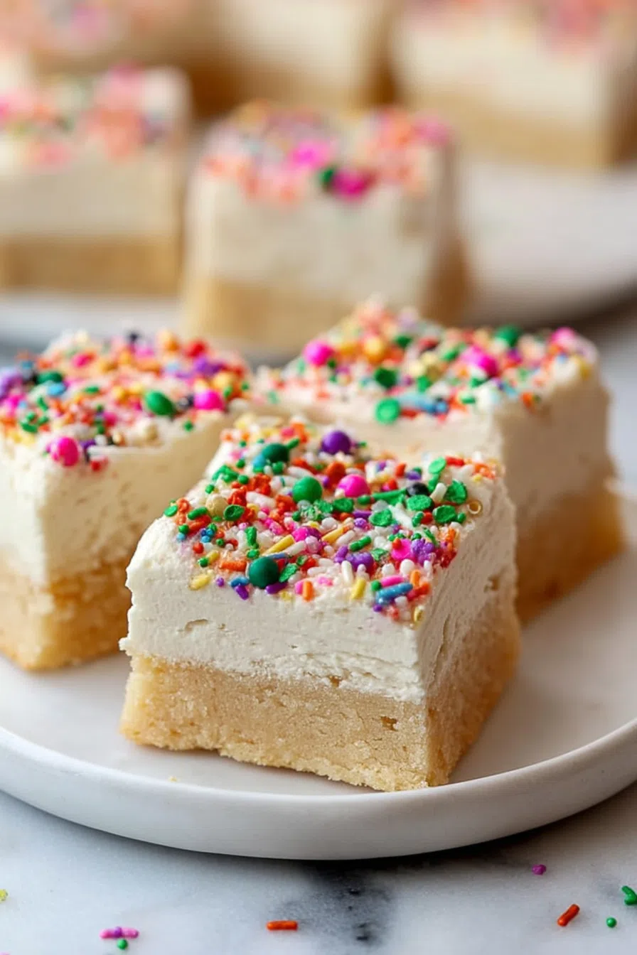 Colorful dessert bars sliced into squares and arranged on a platter.