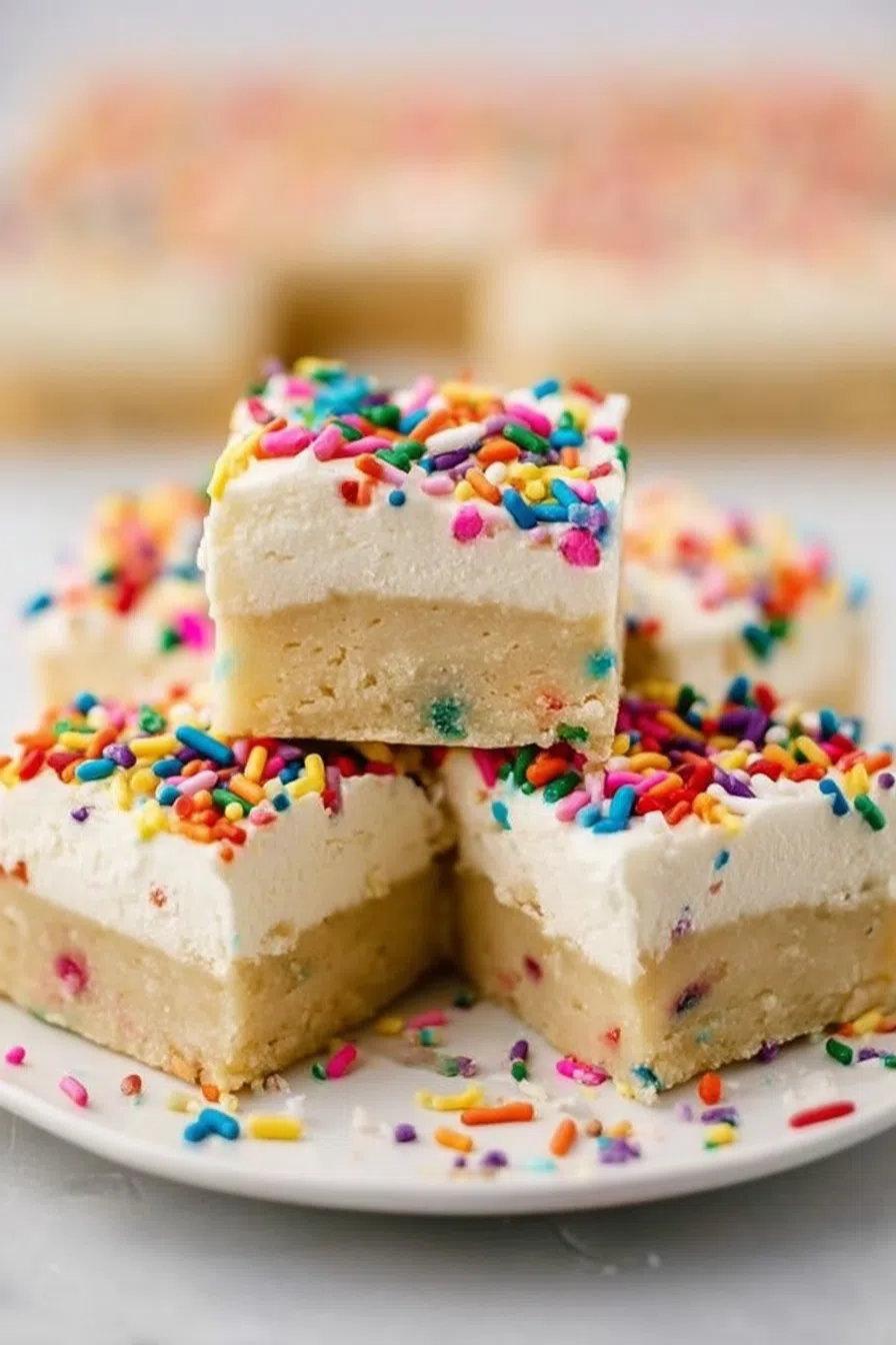 A tray of soft, frosted bars with sprinkles scattered around.