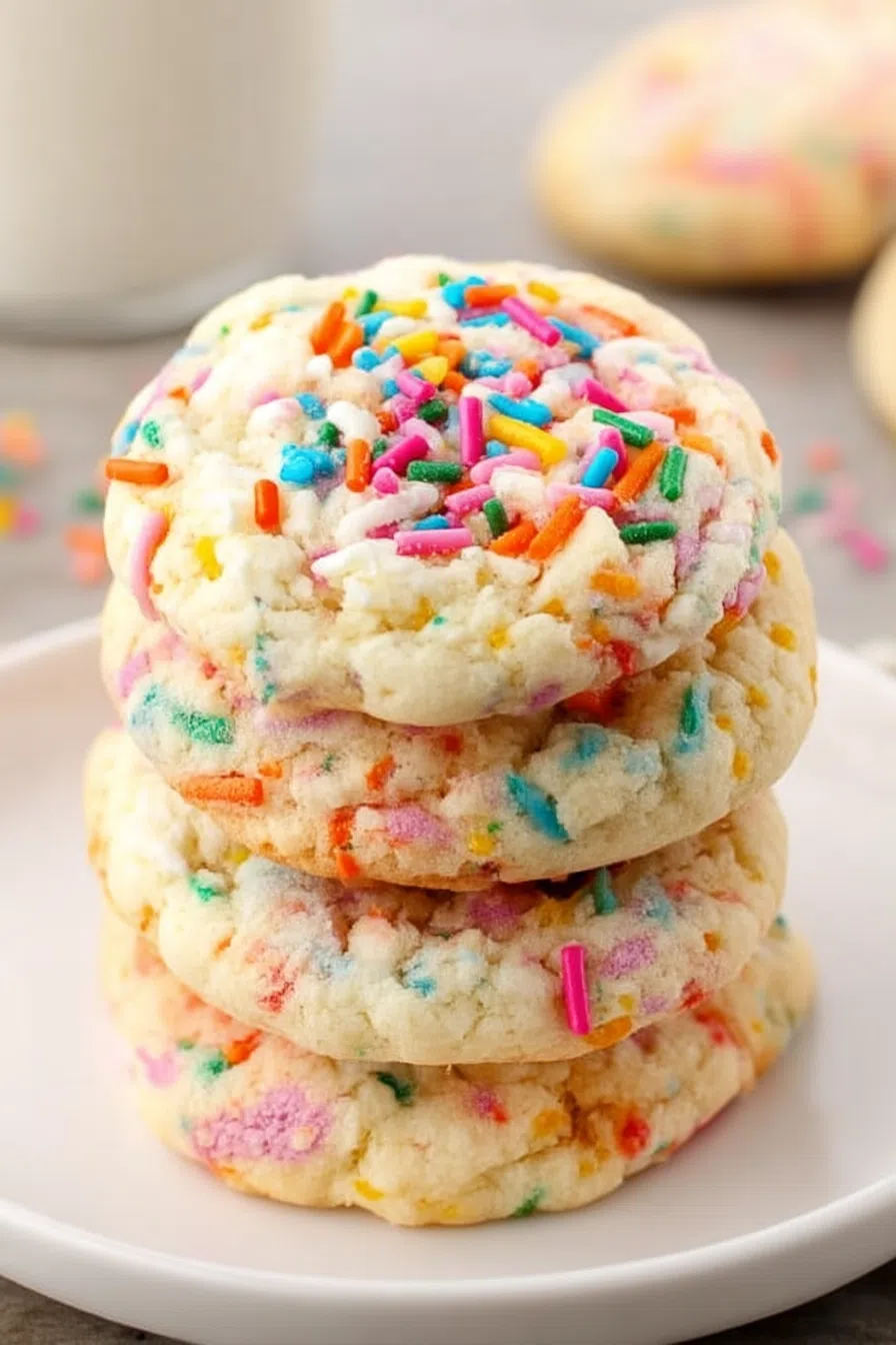 Close-up of a cookie with rainbow sprinkles and a soft center.