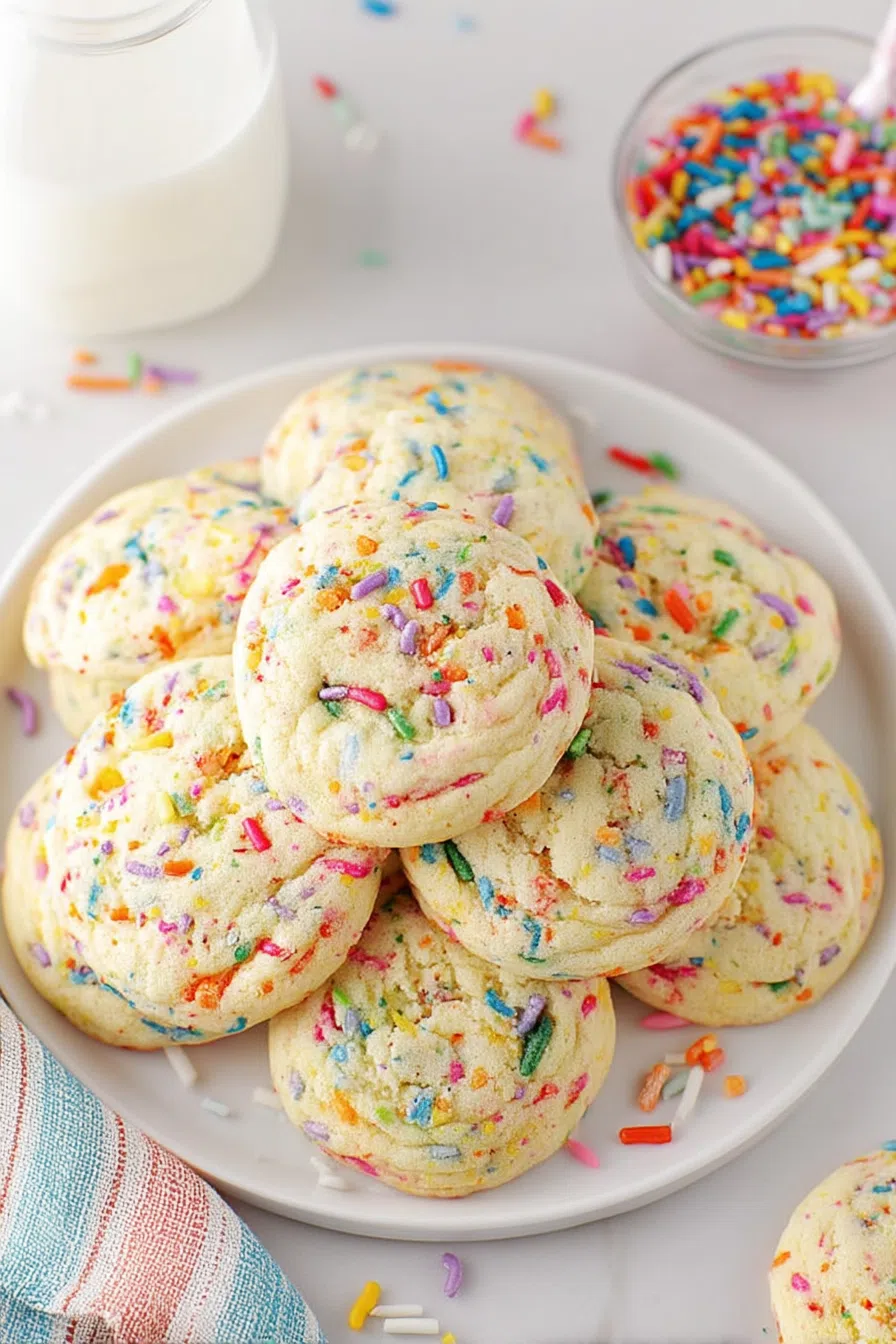 Soft-baked treats with vibrant bits scattered on a white plate.