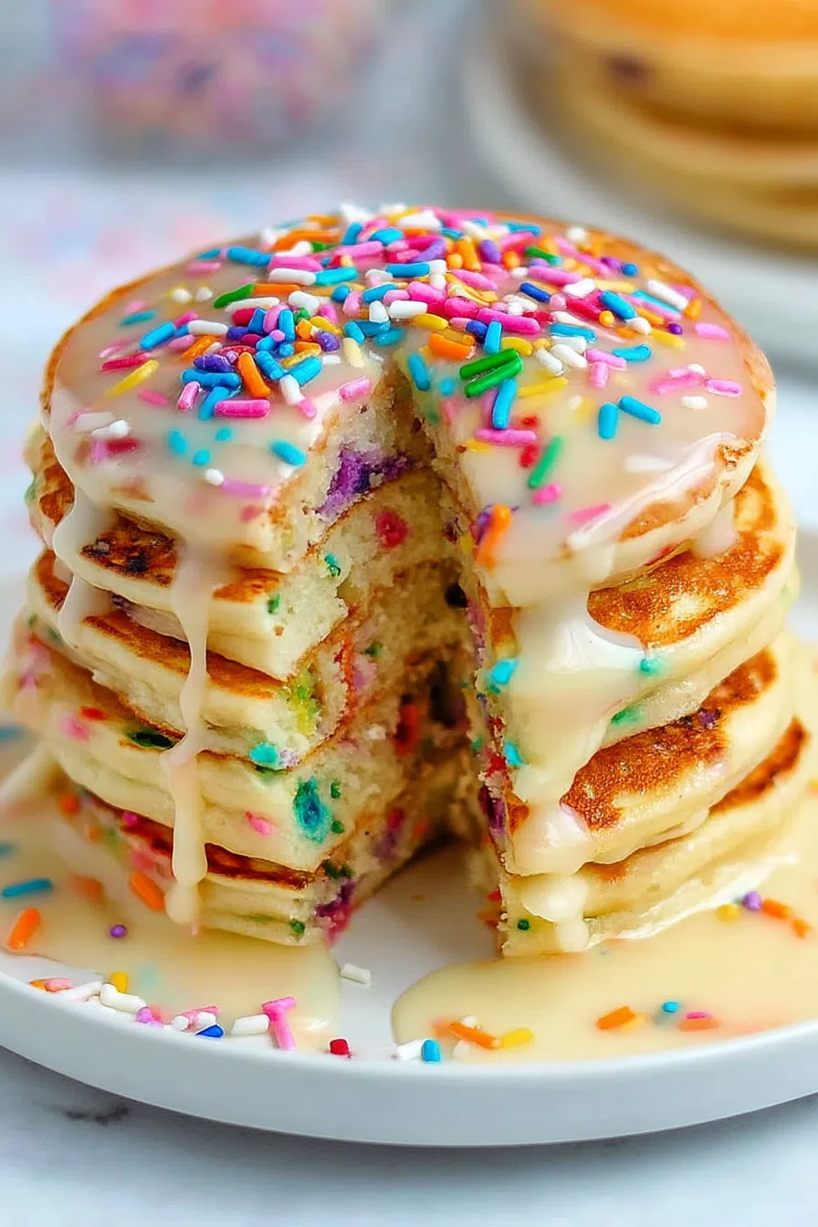 Stack of colorful sprinkle-filled pancakes topped with whipped cream.