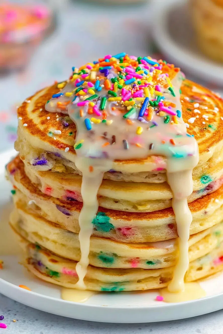 Bright breakfast plate featuring fluffy, festive pancakes.