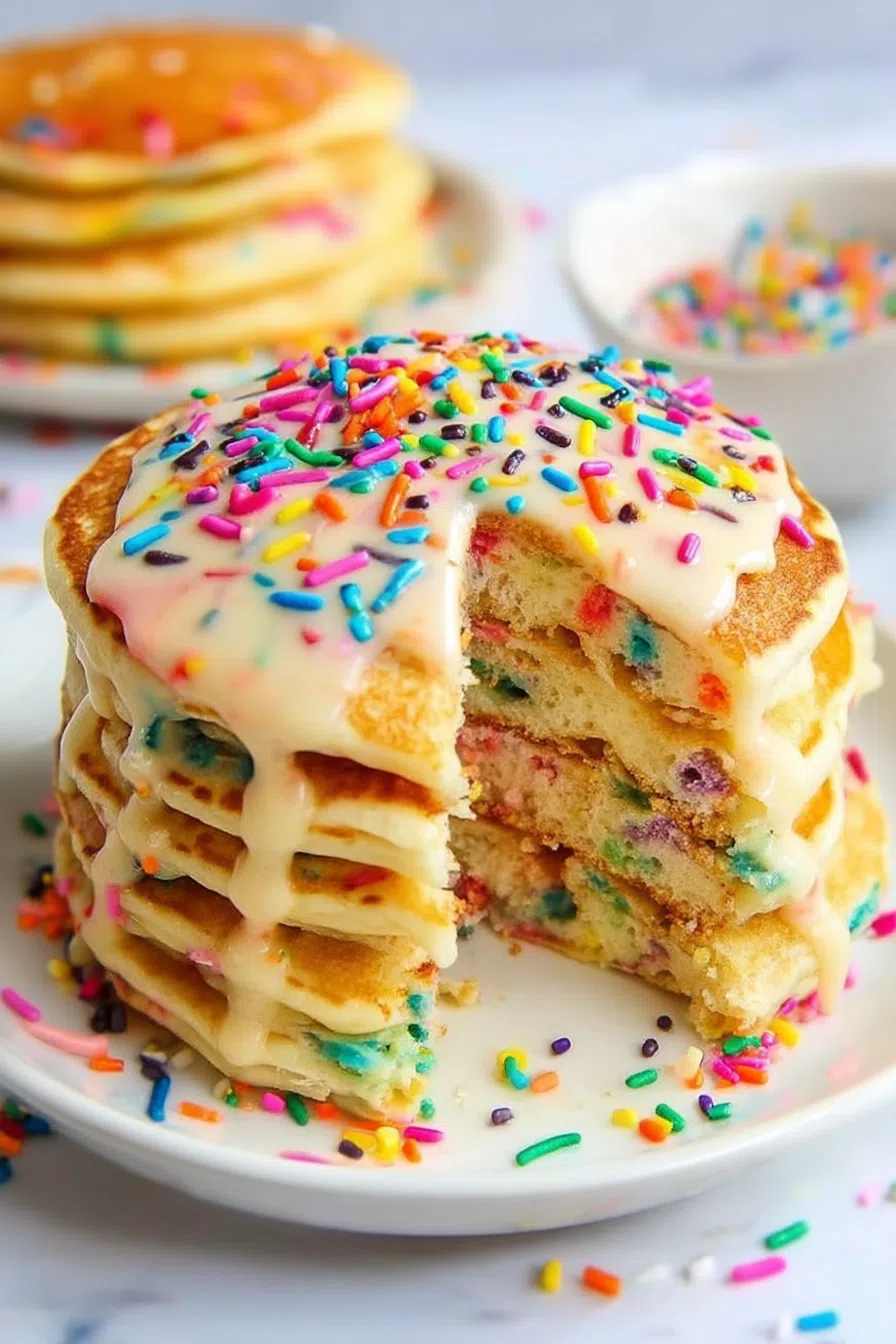Overhead view of a morning treat with a burst of rainbow sprinkles.