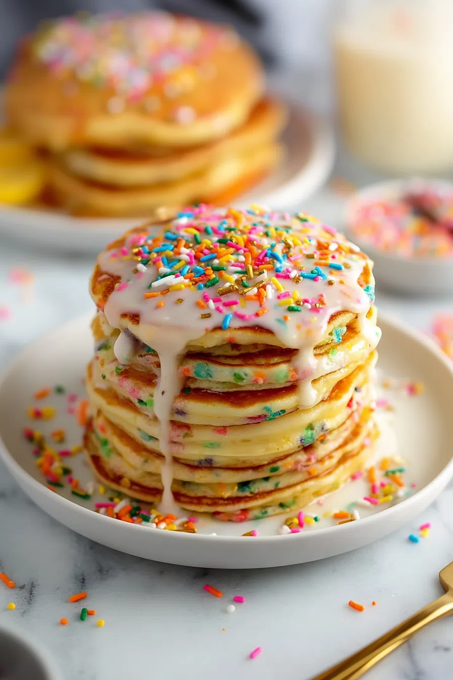 Golden pancakes layered neatly on a white dish, ready to serve.