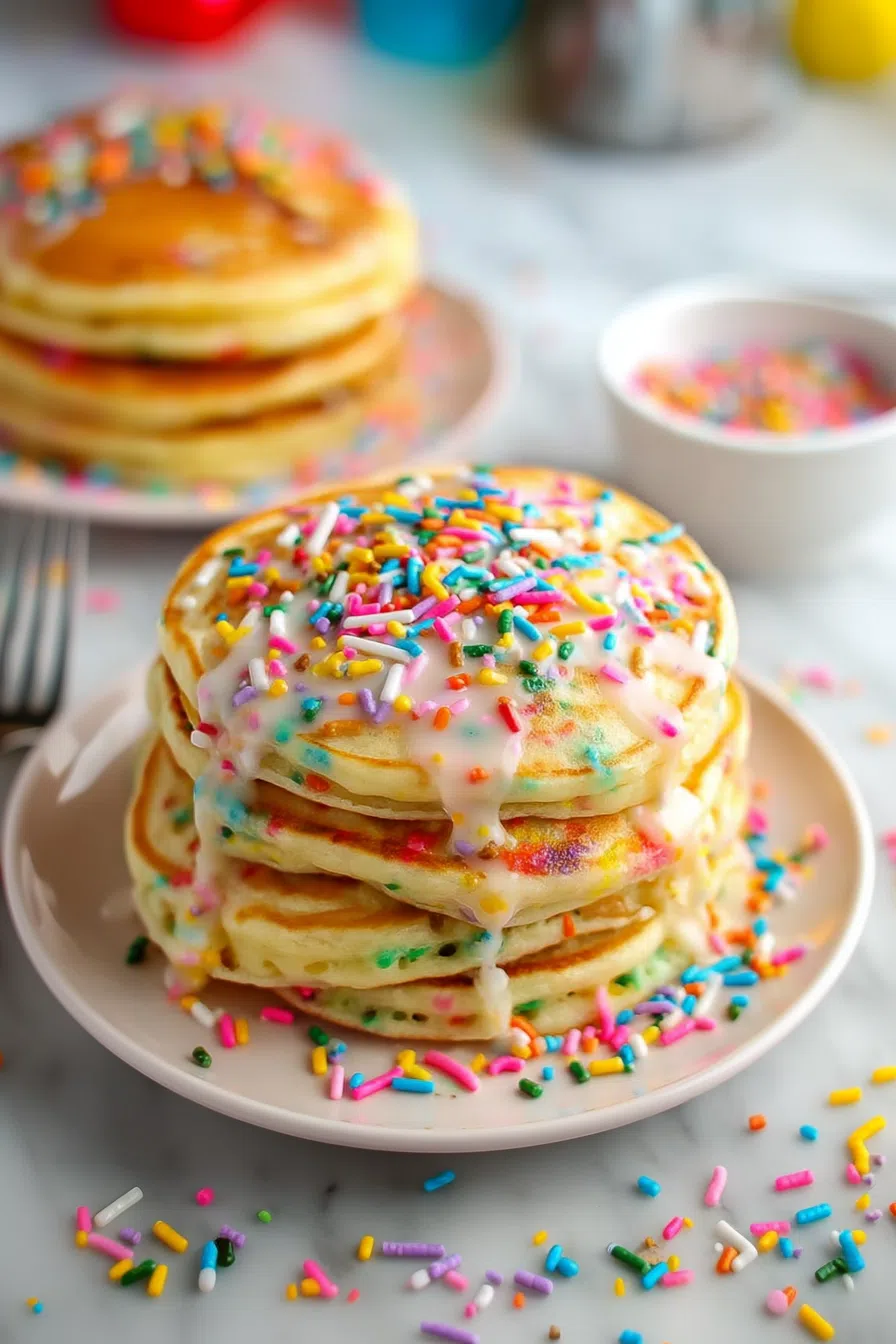 A cheerful breakfast setting with syrup drizzling over a stack.