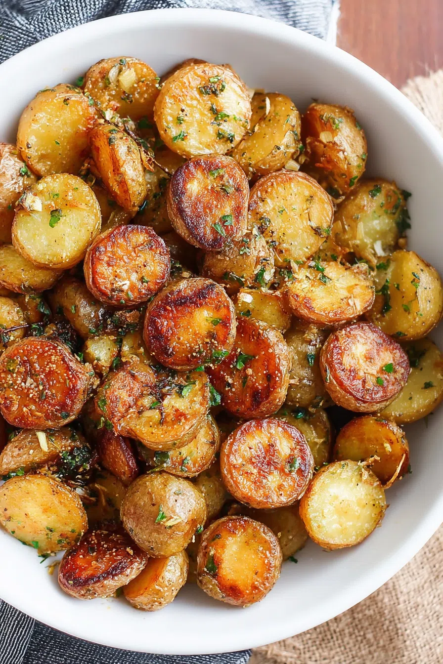 Overhead shot of crispy browned bites served in a white serving bowl.