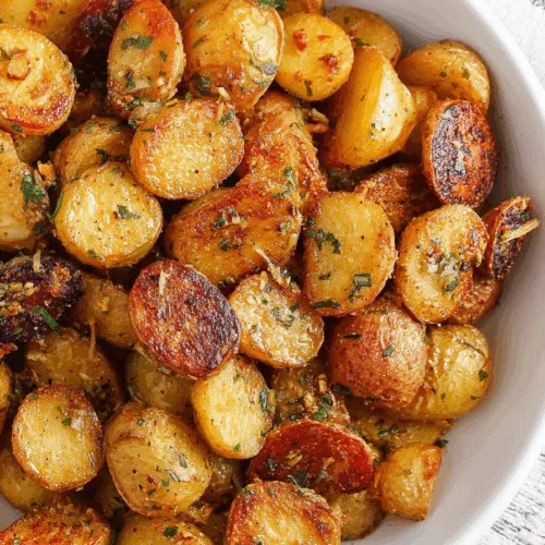 Overhead view of crispy, browned bites garnished with fresh herbs.