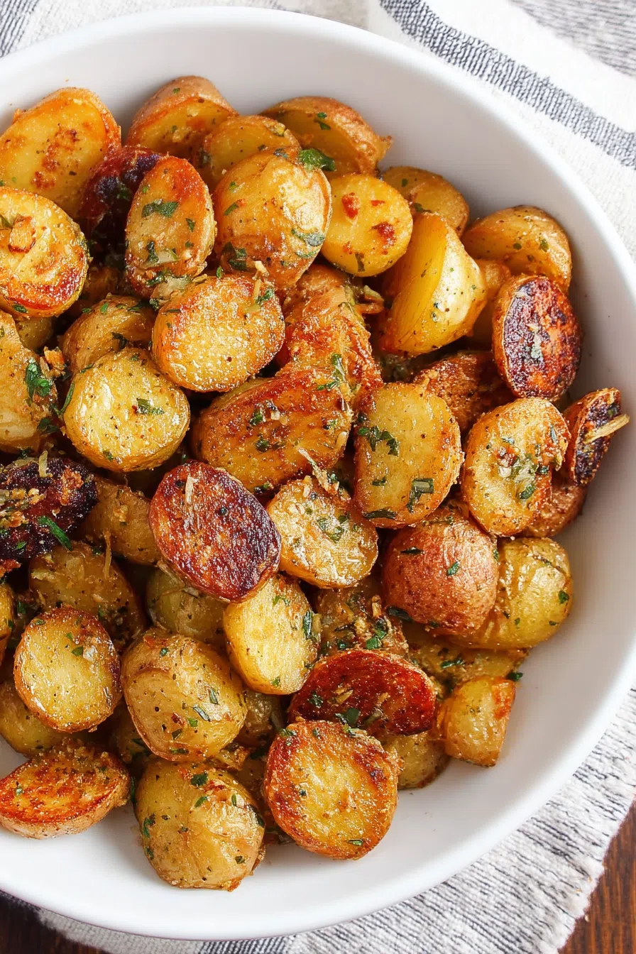 Overhead view of crispy, browned bites garnished with fresh herbs.
